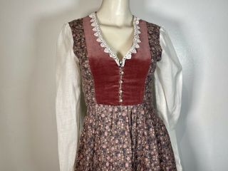 Vintage Gunne Sax Rose midi dress velvet bodice,  full skirt,  Pockets sz S 3