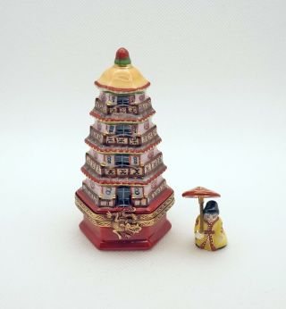 French Limoges Trinket Box Gorgeous Asian Japanese Pagoda & Geisha Figurine