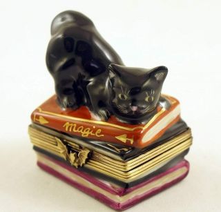 French Limoges Trinket Box Black Cat On Halloween Magic Books W Remov.  Mouse