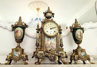 Vintage French Style Mantel Clock Garniture Porcelain Bonze/brass
