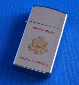 Vintage Slim Zippo Lighter 1982 American Embassy Honduras High Polish