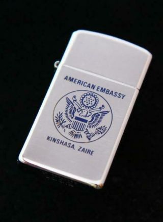 Vintage Slim Zippo Lighter 1982 American Embassy Kinshasa,  Zaire High Polish