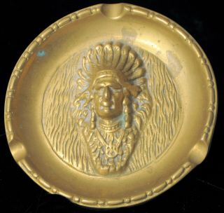 Vintage Heavy Brass High Relief Native American Indian Chief Portrait Ashtray