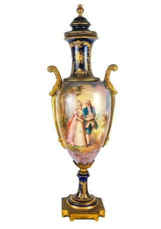 Antique French 19th C Ormolu Gilt Bronze & Cobalt Blue Porcelain Sevres Vase
