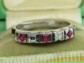 Vintage Palladium Art Deco Emerald Princess Cut Ruby Diamond Wedding Band Ring