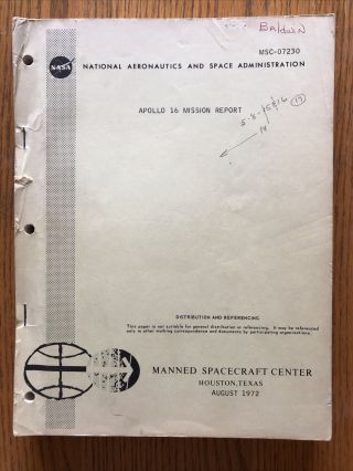 Vintage Apollo 16 Mission Report Nasa Msc - 07230