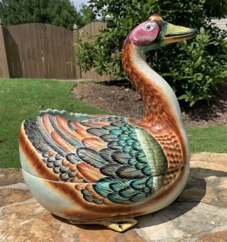Vtg Mottahedeh Hand Painted Tureen Goose Bird,  Large,  Wonderful Centerpiece