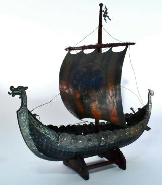 ⛵ Vintage Edward Aagaard Iron Art Bronze Large Viking Dragon Ship W/wood Stand ⛵