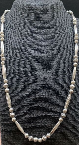 Long Vintage Navajo Sterling Silver Bench Bead Necklace 26 1/2 Inches