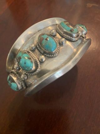 Fab Vintage Heavy Navajo Old Pawn Sterling Silver Hand Made Turquoise Bracelet