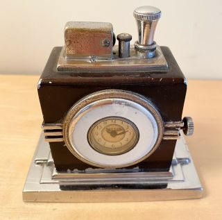 Vintage 1930’s Ronson Touch Tip Clock Lighter Brown Enamel Chrome