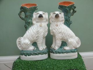 19thc Staffordshire White Spaniel Dogs With Spill Vase Behind C.  1860