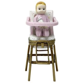 Limoges Pink Baby High Chair Trinket Box Peint Main With Blonde Baby
