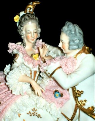 Antique German Dresden Lace Volkstedt Courting Couple In Love Porcelain Figurine