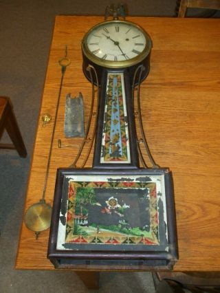 Antique Weight Driven Banjo Clock 33 " Retailed By Wm Wise Brooklyn For Repair