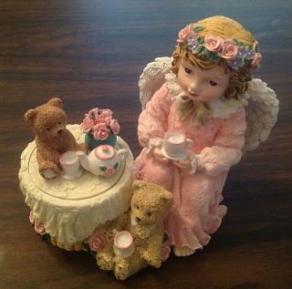 Angel Girl Figurine With Teddy Bears Drinking Tea Trinket Box