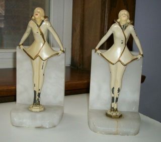 Art Deco Bookends Woman Marble Or Alabaster Base Ca 1930s Unsigned Jb Hirsch ?