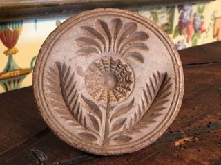 Antique French Wood Butter Mold Round Food Stamp Print Carved Flower