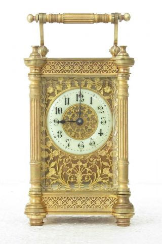Rare Antique French Carriage Clock,  Full Gilt Filigree On 3 Sides,  Well