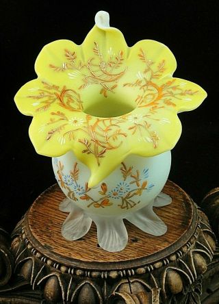 Antique Bohemian Harrach Yellow Jack Pulpit Floral Enamel Art Glass Vase Jip