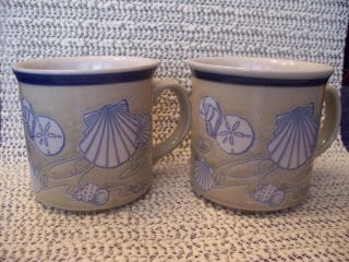 Otagiri Japan 2 Coffee Mugs/cups Embossed Sea Shells Tan And Blue Euc