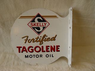 Vintage Skelly Tagolene Motor Oil 2 - Sided Metal Advertising Flange Gas Sign