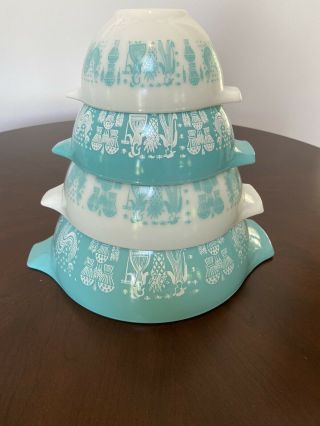 Vtg Pyrex Turquoise Amish Butterprint Cinderella Bowls Full Set Of 4