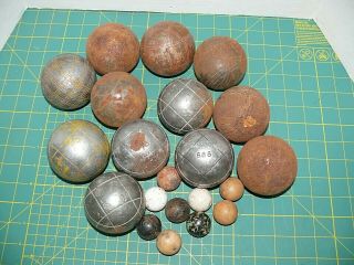 Vintage Metal Petanque Set Boule Boules - Bocce Ball Lawn Bowling Set Of 12