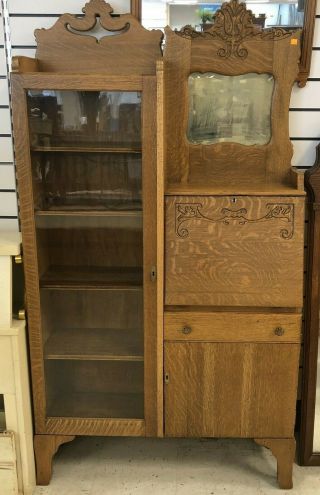 Antique Secretary Desk Hutch Cabinet Bookcase Curio Mirror Drop Front