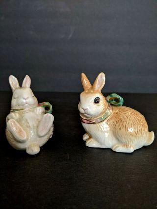 Vintage Fitz And Floyd Classics Bunny Rabbits In Bows Salt & Pepper Shakers