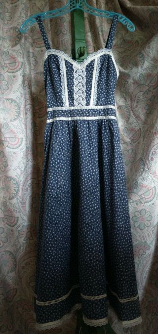 Gunne Sax Jessica 1970s Midi prairie Sleeveless blue calico lace dress,  jacket 9 4