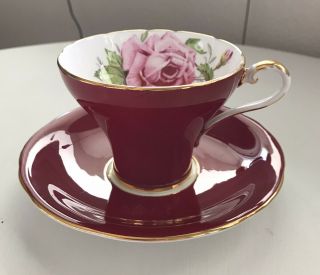 Vintage Aynsley Red Burgundy Corset Teacup & Saucer Large Pink Cabbage Rose