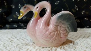 Vintage Ceramic Double Swan Planter Pink - Black Usa