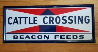 Vintage Lithographed Tin Beacon Feeds Cattle Crossing Sign 12x28 No Res