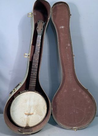 Antique Primitive Old 5 String Banjo Guitar Carved Wood Neck Instrument & Case