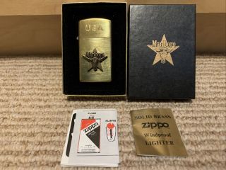 1992 Vintage Zippo Lighter - Marlboro Star & Steer - Brushed Brass - Box Usa