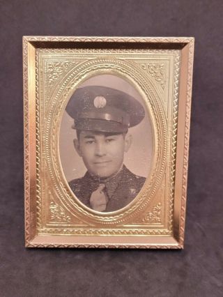 Small Vintage Brass Picture Frame With Black And White Military Photo 4 " X 31/2 "