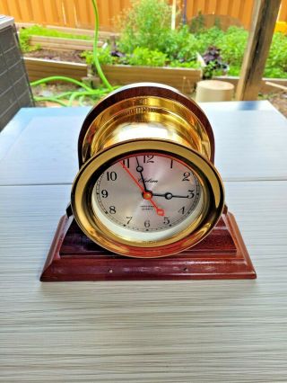 Chelsea Quartz Solid Forged Brass Ships Clock With Wooden Base Made In Usa