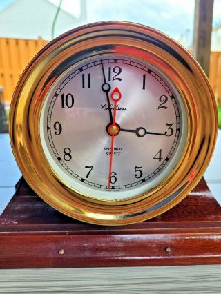 Chelsea Quartz Solid Forged Brass Ships Clock with Wooden Base Made in USA 4