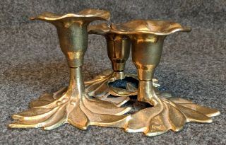 Brass Three Lotus Flower Blossom Candle Holder - 3.  2 Inches Tall,  6.  5 Inch Base 2