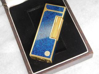 Dunhill Rollagas Gas Lighter Lapis Blue Lacquer Gold Line Full Overhauled