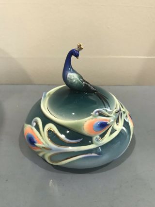 Franz porcelain Luminescence Peacock Sculptured Covered Box By Kathy Ireland 3