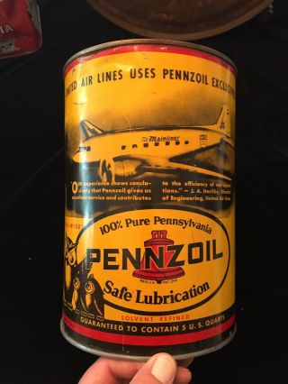 Vintage Pennzoil United Airlines Aviation Be Oil Wise Owl 5 Quart Motor Oil Can