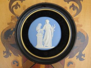 Wedgwood Pale Blue Jasper Ware Sacrifice Figure Framed Round Plaque (c.  1820).