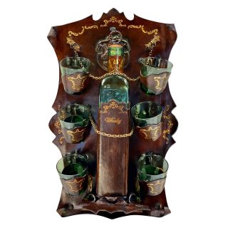 Vintage Italian Leather Wall Hanging Green Glass Whiskey Decanter W/ 6 Glasses