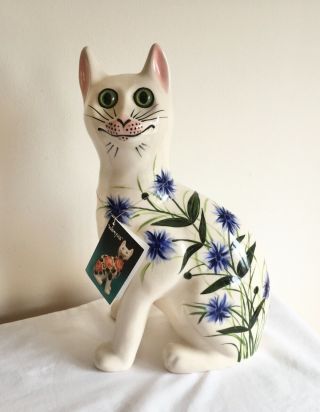 Vintage Griselda Hill Wemyss Ware Handpainted Blue Cornflowers Large Seated Cat