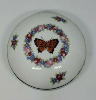 Vintage Lefton China Butterfly And Flower Round Lidded Trinket Box