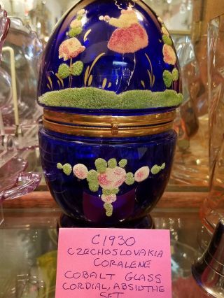 Vintage Czechoslovakia Coralene Cobalt Cordial,  Absinthe Set,  Art Deco,  C1920 