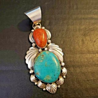 Albert Cleveland,  Navajo Signed Huge Vintage Sterling Silver Turquoise Coral
