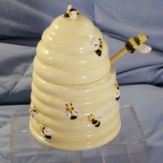 Vintage Ceramic Bee Hive Honey Pot Jar Jug & Lid Yellow With Wood Dipper 6 " Tall